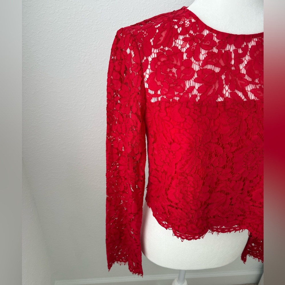 Diane von Furstenberg DVF Yeva Lace Top Red Floral Sheer Long Sleeve Blouse Sz 6 - Picture 4 of 7